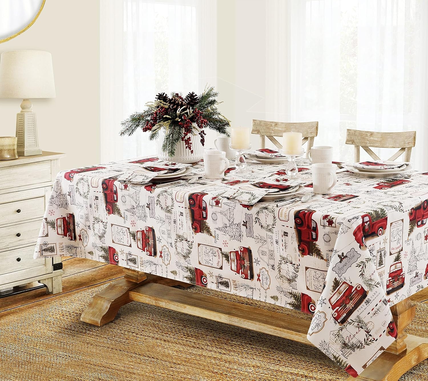 Pine Hill Christmas Tree Farm Fabric Holiday Tablecloth - Nostalgic Retro Christmas Farm Truck Print No Iron and Stain Resistant Fabric Tablecloth, 52” X 70” Oblong/Rectangle