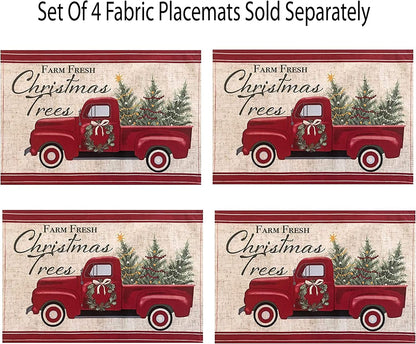 Pine Hill Christmas Tree Farm Fabric Holiday Tablecloth - Nostalgic Retro Christmas Farm Truck Print No Iron and Stain Resistant Fabric Tablecloth, 52” X 70” Oblong/Rectangle